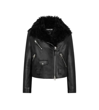 Asymmetric Leather Biker Jacket with Shearling