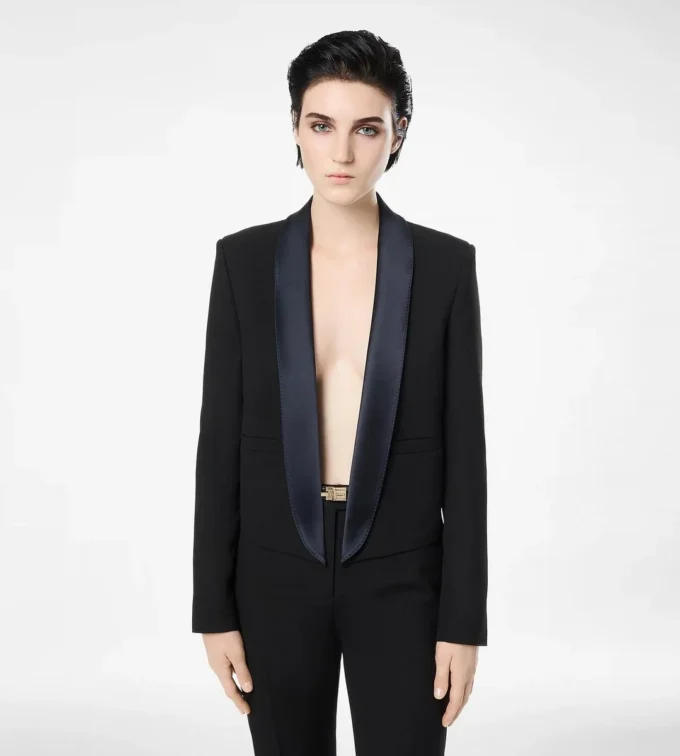 Bi-Color Single Breasted Shawl Lapel Cropped Tuxedo Jacket