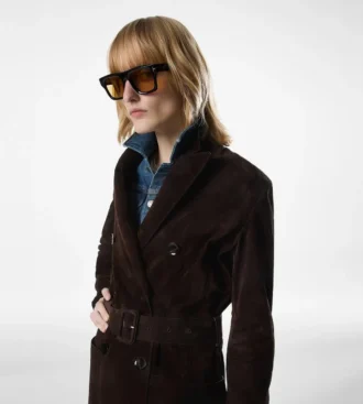 Double Breasted Belted Suede Coat