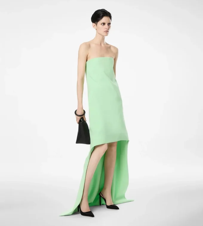 Double Georgette Stretch Silk Asymmetric Strapless Cocktail Dress