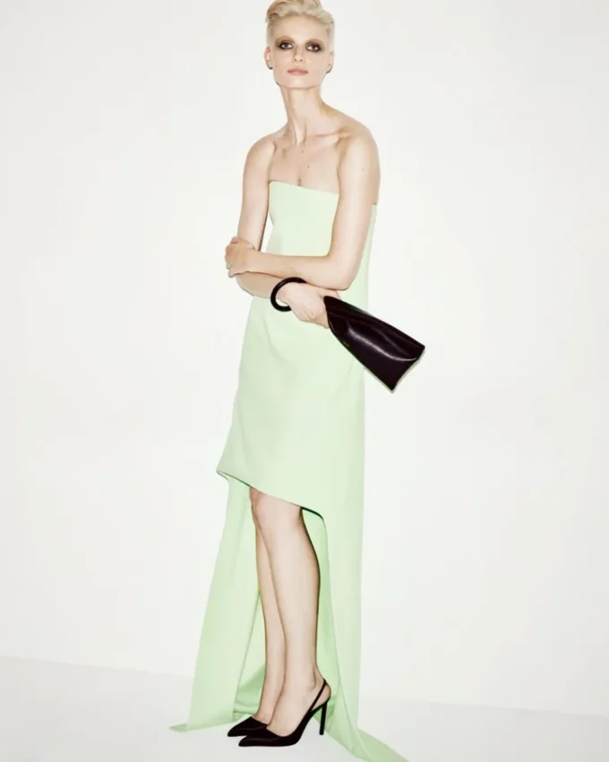 Double Georgette Stretch Silk Asymmetric Strapless Cocktail Dress