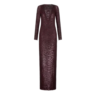 Embroidered Croc Effect Long Sleeve Evening Dress