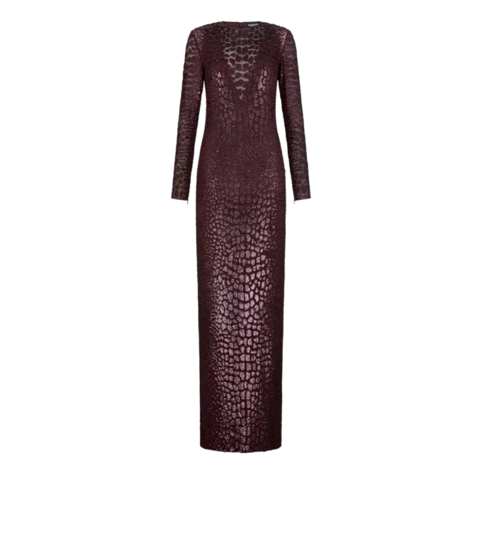 Embroidered Croc Effect Long Sleeve Evening Dress Embroidered Croc Effect Long Sleeve Evening Dress