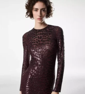 Embroidered Croc Effect Long Sleeve Evening Dress