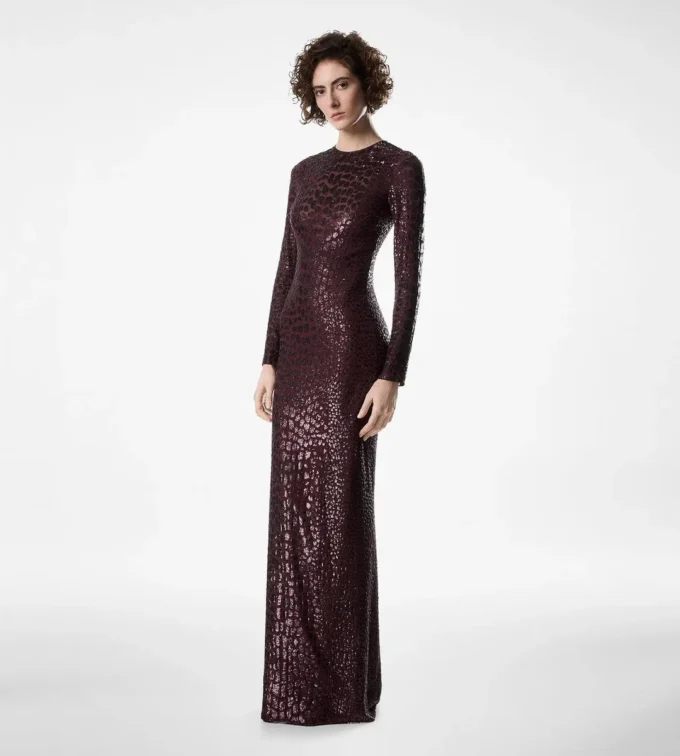 Embroidered Croc Effect Long Sleeve Evening Dress Embroidered Croc Effect Long Sleeve Evening Dress