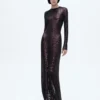 Embroidered Croc Effect Long Sleeve Evening Dress Embroidered Croc Effect Long Sleeve Evening Dress
