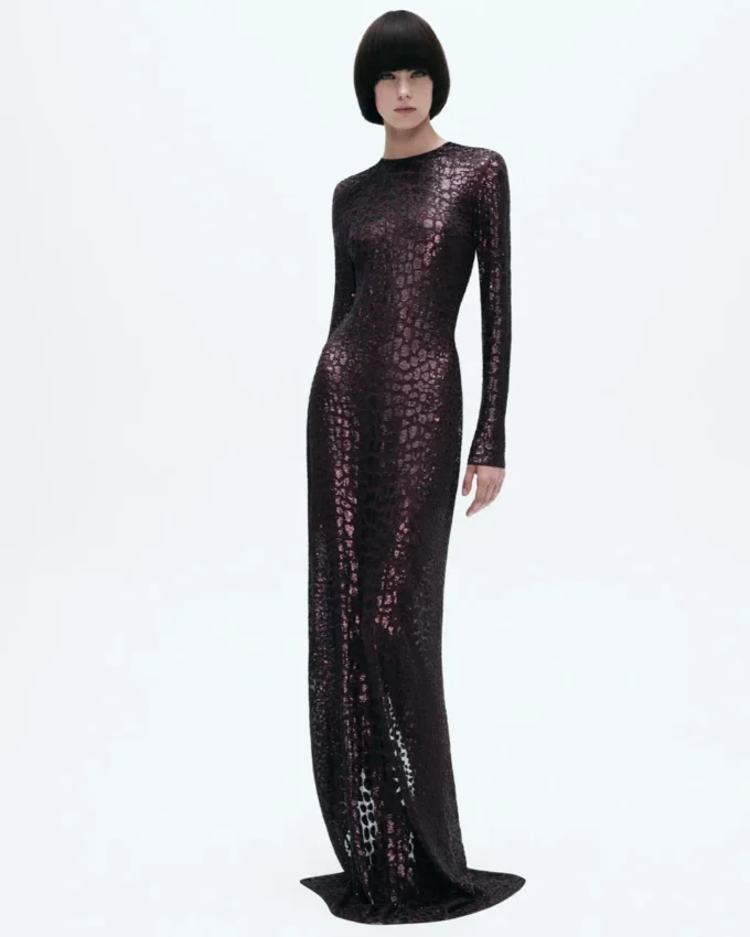 Embroidered Croc Effect Long Sleeve Evening Dress Embroidered Croc Effect Long Sleeve Evening Dress