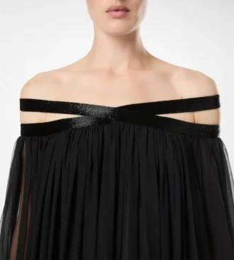 Embroidered Silk Chiffon Off the Shoulder Evening Dress