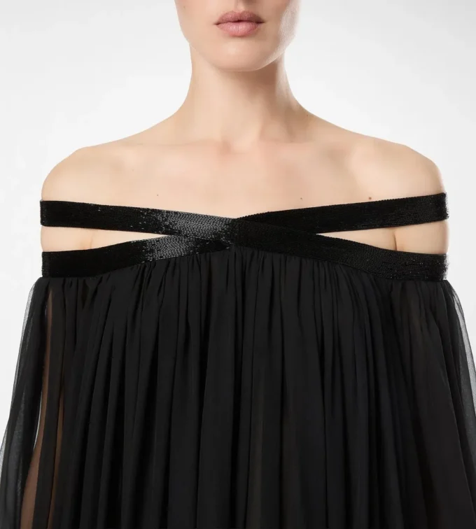 Embroidered Silk Chiffon Off the Shoulder Evening Dress