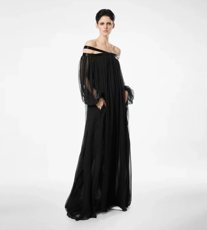 Embroidered Silk Chiffon Off the Shoulder Evening Dress