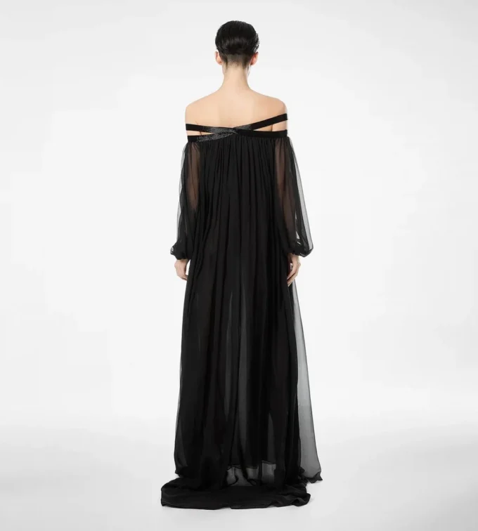 Embroidered Silk Chiffon Off the Shoulder Evening Dress