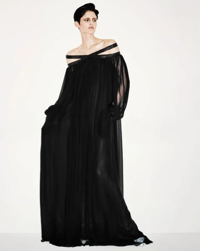 Embroidered Silk Chiffon Off the Shoulder Evening Dress