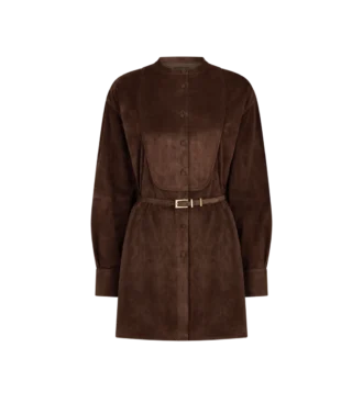 Full Grain Lamb Suede Belted Plastron Mini Shirt Dress