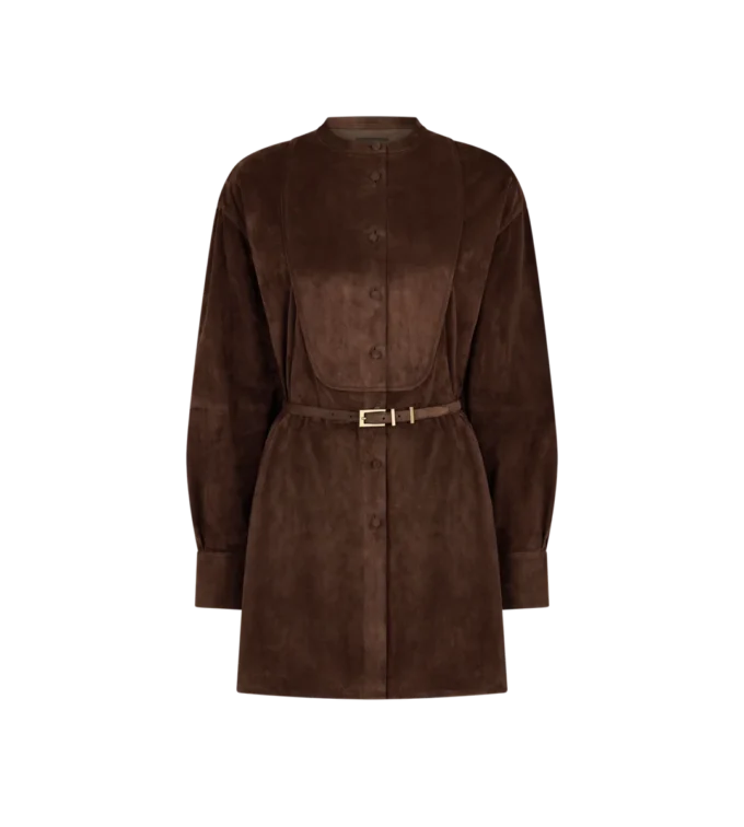 Full Grain Lamb Suede Belted Plastron Mini Shirt Dress
