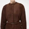 Full Grain Lamb Suede Belted Plastron Mini Shirt Dress