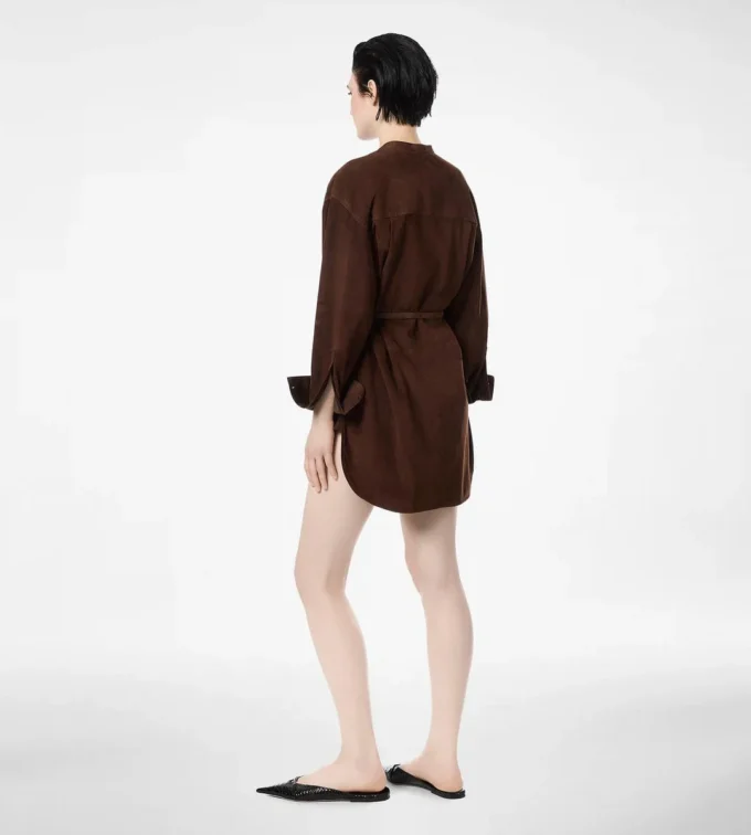 Full Grain Lamb Suede Belted Plastron Mini Shirt Dress