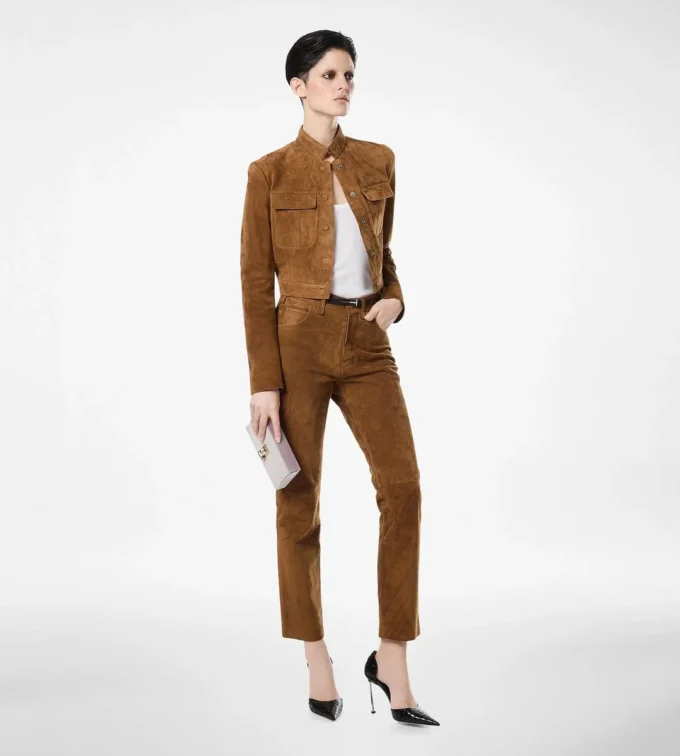 Full Grain Lamb Suede Five-Pocket Pants with Tf Debossed Logo