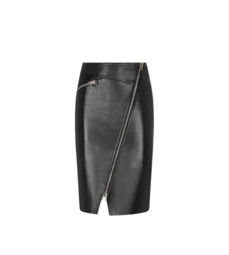 Knee-Length Diagonal Zip Leather Skirt