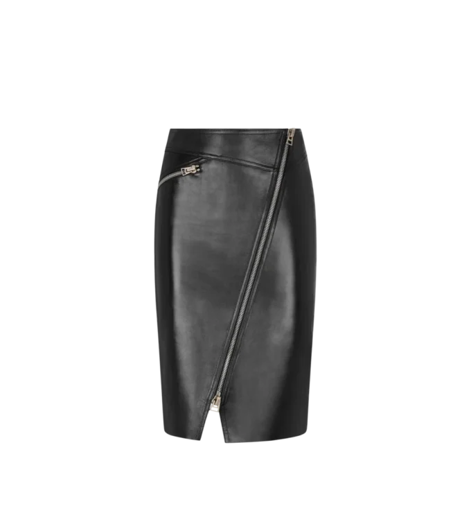 Knee-Length Diagonal Zip Leather Skirt Knee-Length Diagonal Zip Leather Skirt