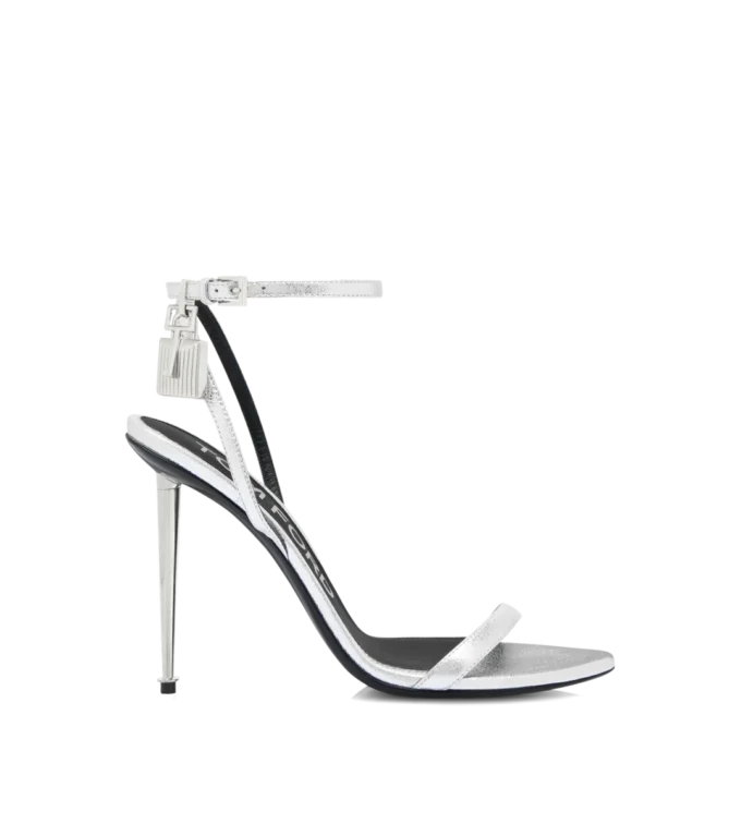 Laminated Nappa Leather Padlock Pointy Naked Sandal Laminated Nappa Leather Padlock Pointy Naked Sandal