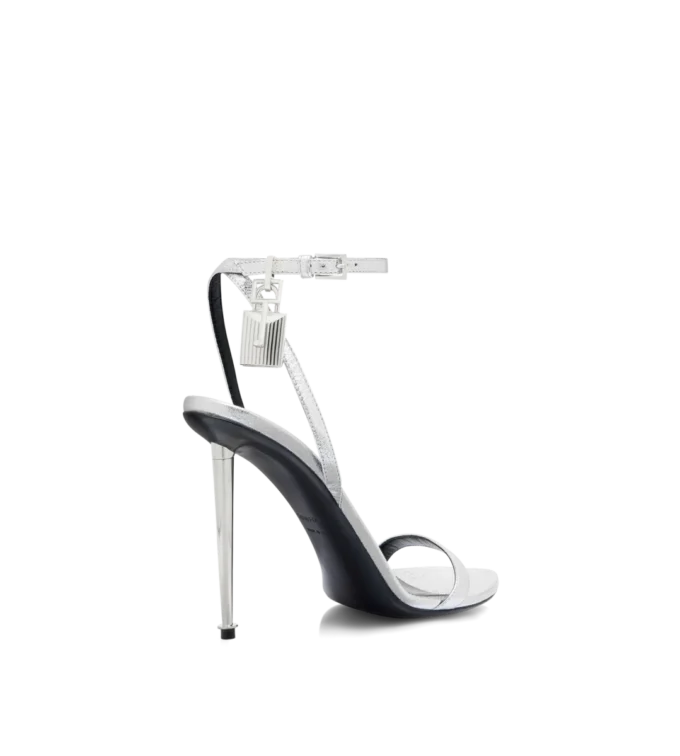 Laminated Nappa Leather Padlock Pointy Naked Sandal Laminated Nappa Leather Padlock Pointy Naked Sandal