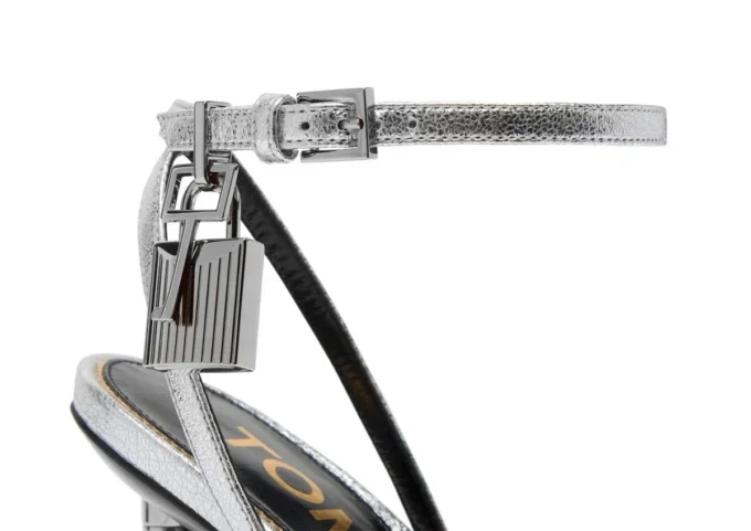 Laminated Nappa Leather Padlock Pointy Naked Sandal Laminated Nappa Leather Padlock Pointy Naked Sandal