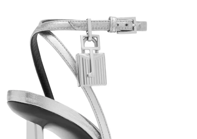 Laminated Nappa Leather Padlock Pointy Naked Sandal Laminated Nappa Leather Padlock Pointy Naked Sandal