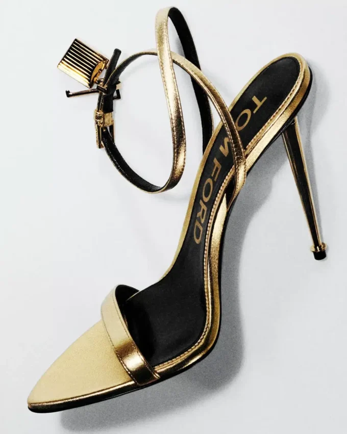 Laminated Nappa Leather Padlock Pointy Naked Sandal Laminated Nappa Leather Padlock Pointy Naked Sandal