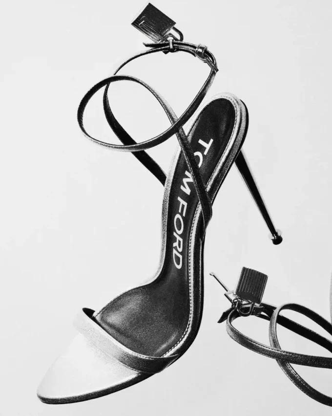Laminated Nappa Leather Padlock Pointy Naked Sandal Laminated Nappa Leather Padlock Pointy Naked Sandal
