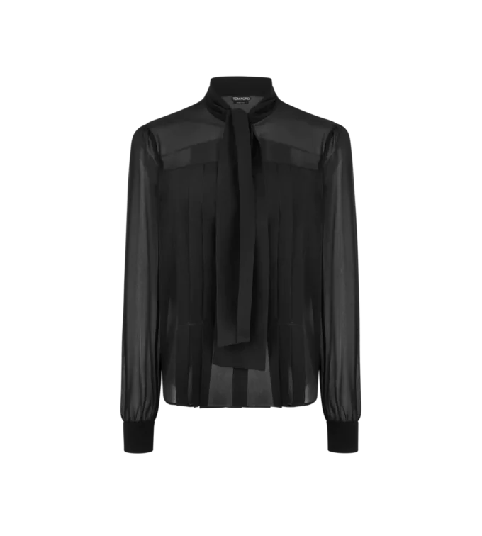 Long Sleeve Lavalliere Blouse with Plisse Detail
