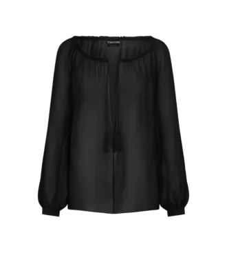 Long Sleeve Silk Blouse with Drawstrings