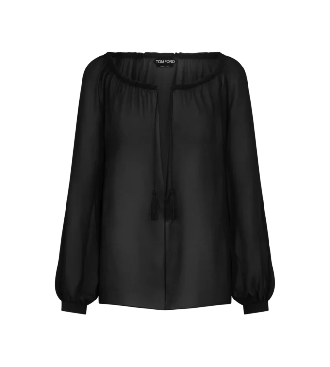Long Sleeve Silk Blouse with Drawstrings