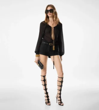Long Sleeve Silk Blouse with Drawstrings