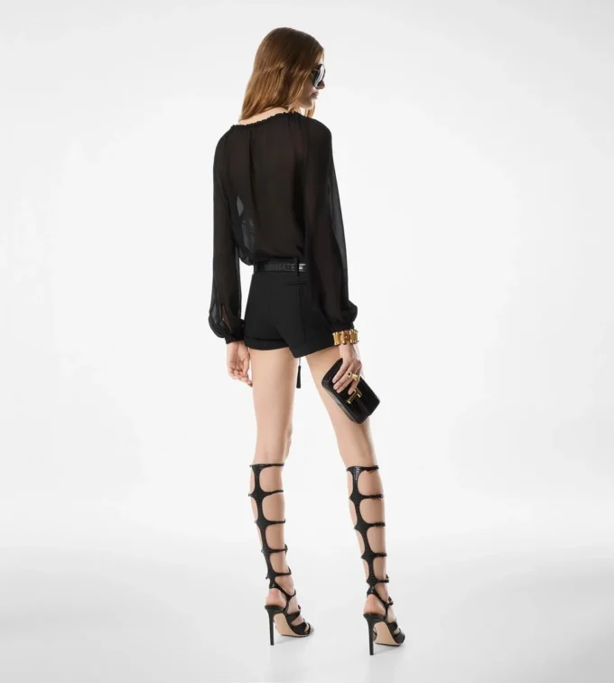 Long Sleeve Silk Blouse with Drawstrings