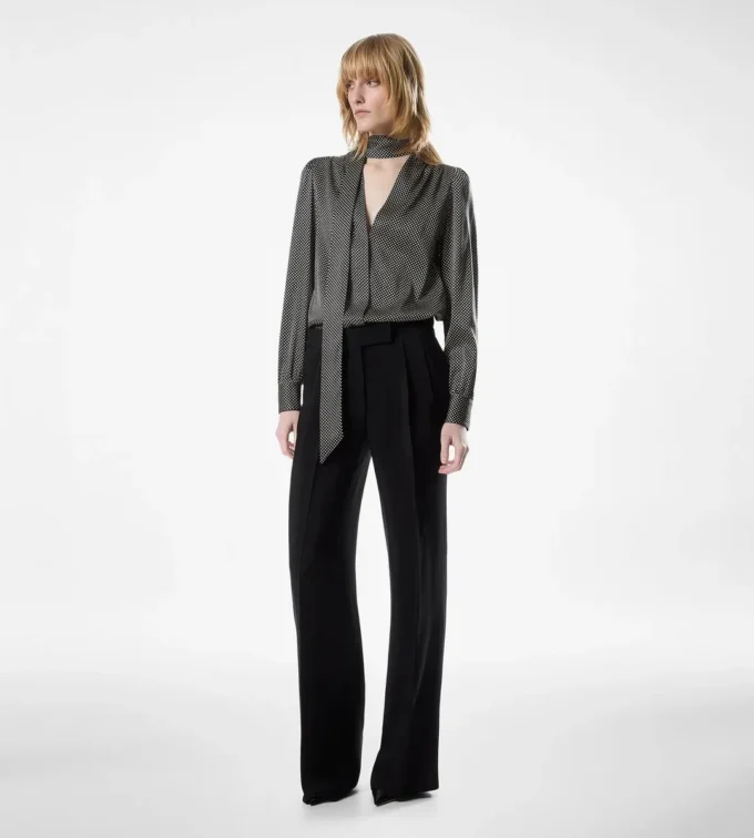 Long Sleeve V-Neck Lavalliere Silk Blouse