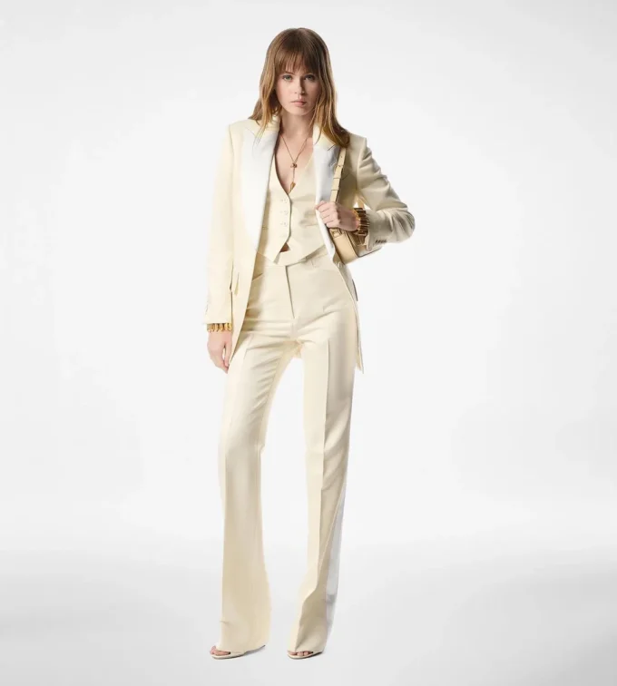 Lustrous Barathea Silk Wool Tailored Tuxedo Wide Leg Pants