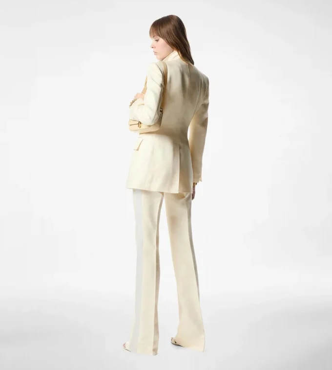 Lustrous Barathea Silk Wool Tailored Tuxedo Wide Leg Pants