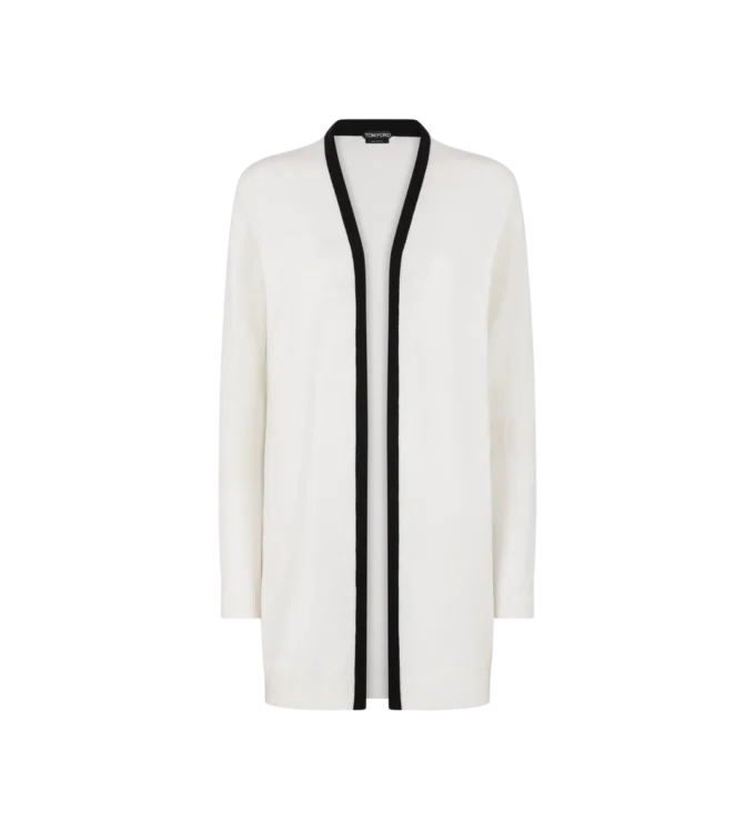 Merino Pique Mid-Length Open Cardigan with Satin Trims