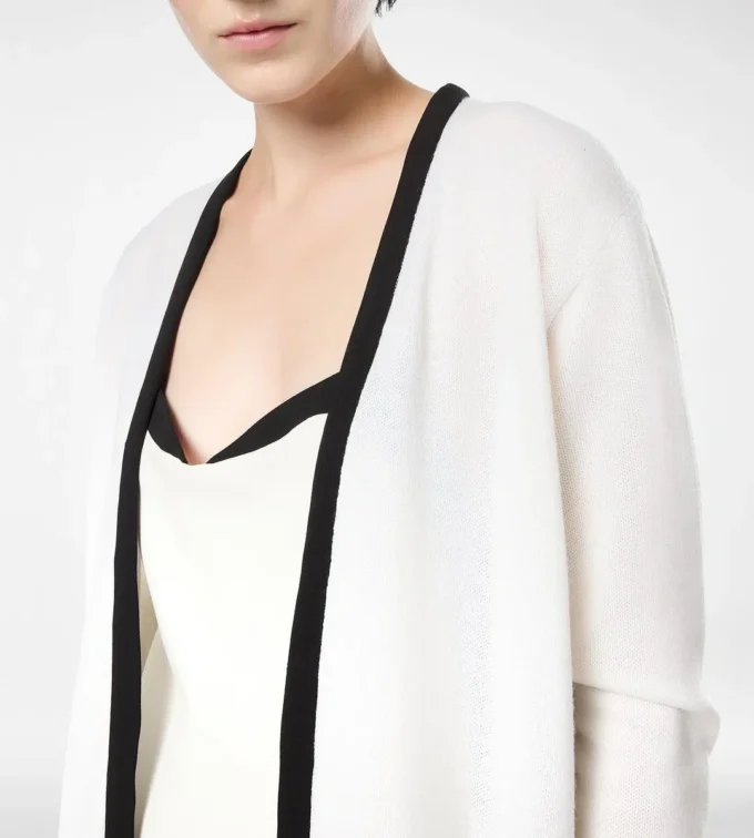 Merino Pique Mid-Length Open Cardigan with Satin Trims