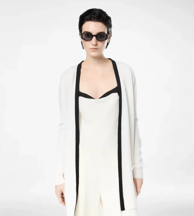 Merino Pique Mid-Length Open Cardigan with Satin Trims