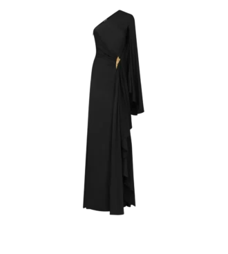 One Shoulder Evening Dress with Cape and Liza Hardware Detail