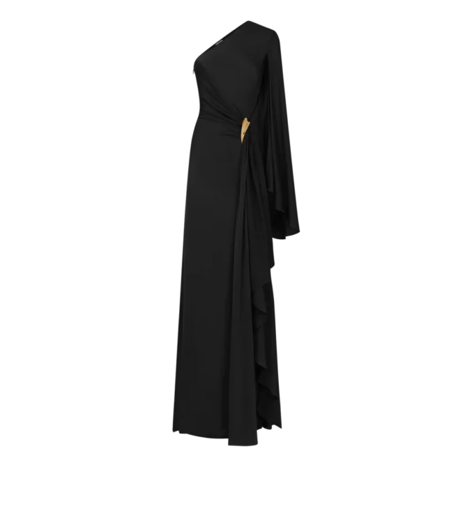 One Shoulder Evening Dress with Cape and Liza Hardware Detail One Shoulder Evening Dress with Cape and Liza Hardware Detail