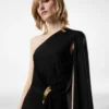 One Shoulder Evening Dress with Cape and Liza Hardware Detail One Shoulder Evening Dress with Cape and Liza Hardware Detail