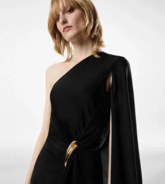 One Shoulder Evening Dress with Cape and Liza Hardware Detail