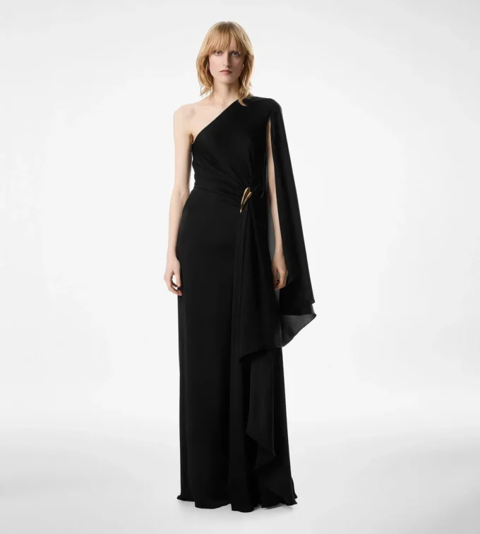 One Shoulder Evening Dress with Cape and Liza Hardware Detail One Shoulder Evening Dress with Cape and Liza Hardware Detail
