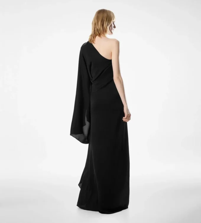 One Shoulder Evening Dress with Cape and Liza Hardware Detail One Shoulder Evening Dress with Cape and Liza Hardware Detail