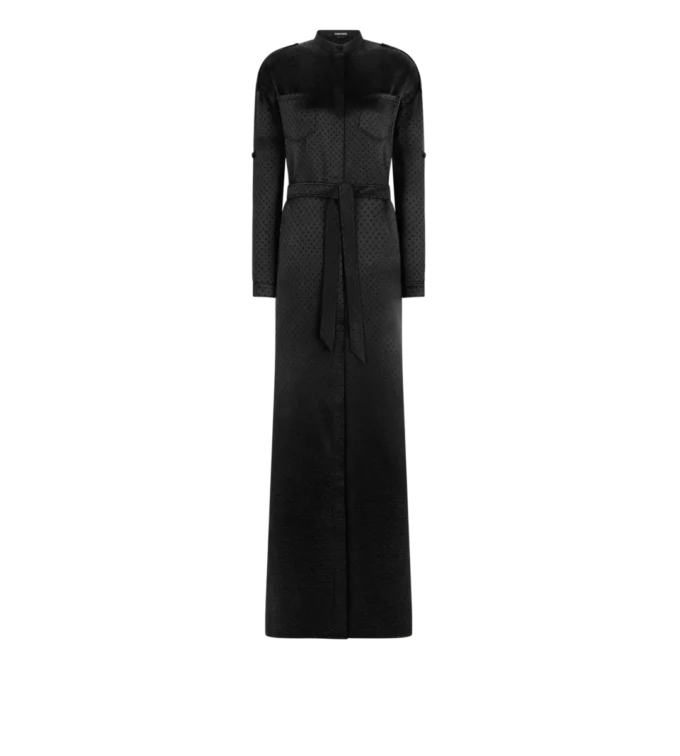 Polka Dot Jacquard Long Belted Military Dress Polka Dot Jacquard Long Belted Military Dress
