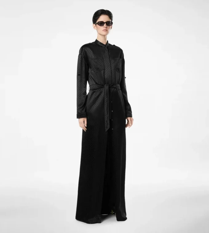 Polka Dot Jacquard Long Belted Military Dress Polka Dot Jacquard Long Belted Military Dress