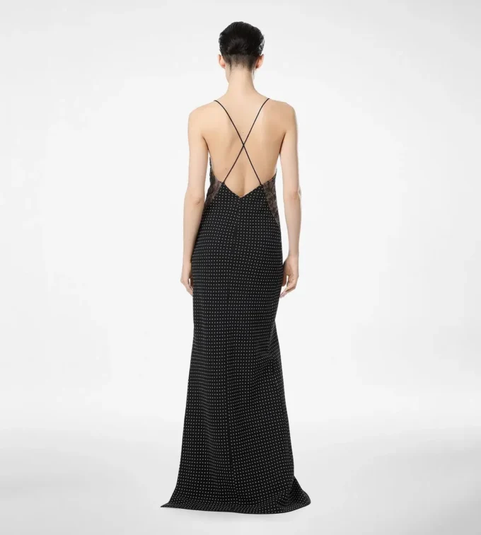 Polka Dot Silk Crepe Camisole Evening Dress with Lace Detail
