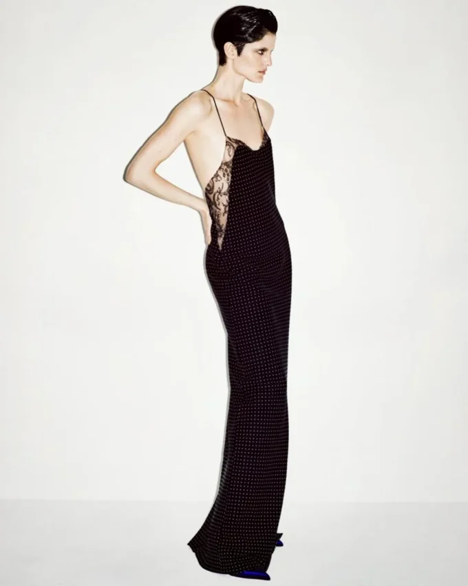 Polka Dot Silk Crepe Camisole Evening Dress with Lace Detail